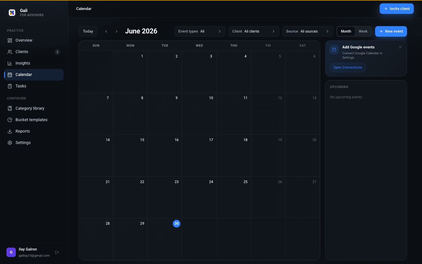 GALI for Advisors Calendar dashboard