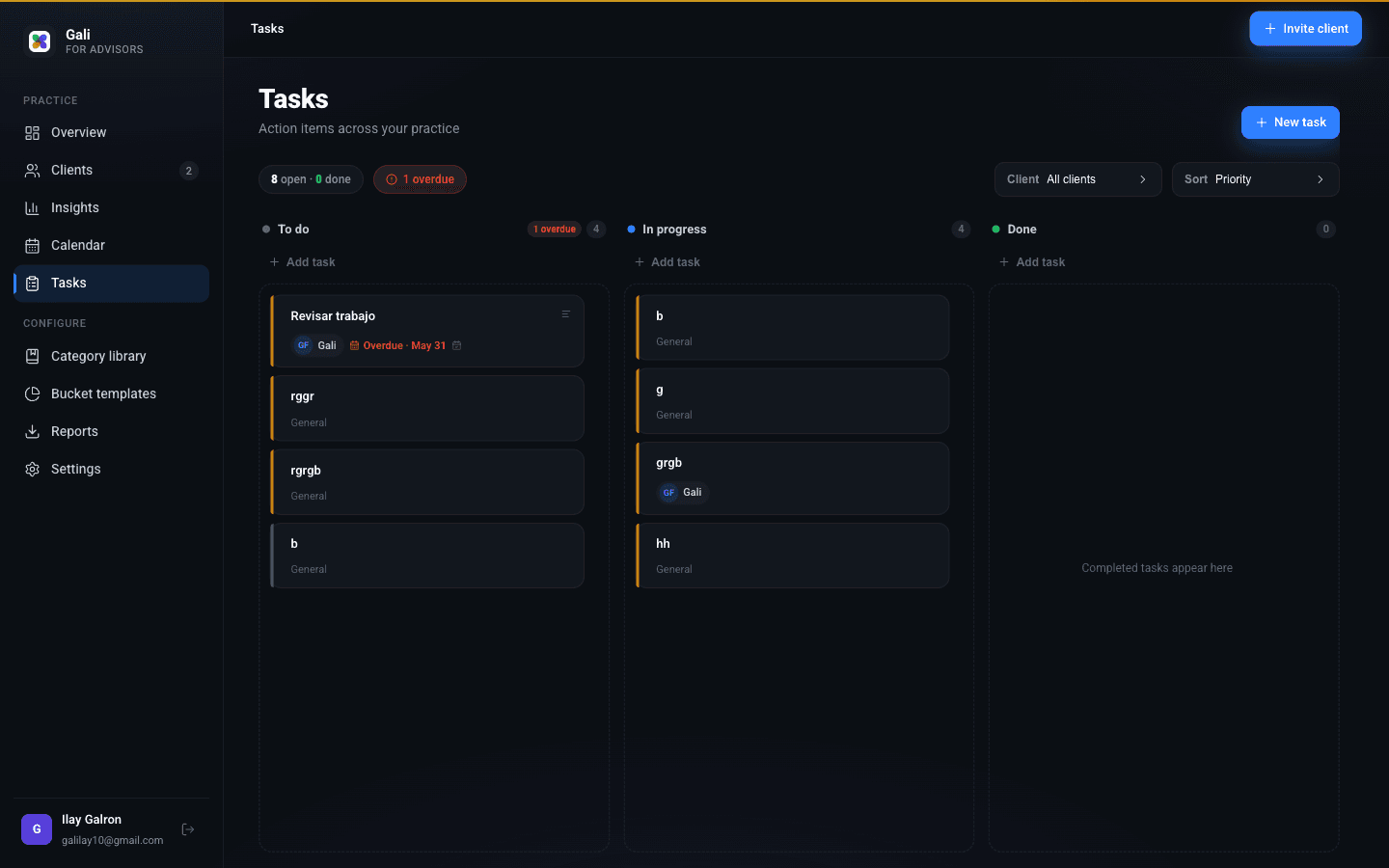 GALI for Advisors Tasks dashboard