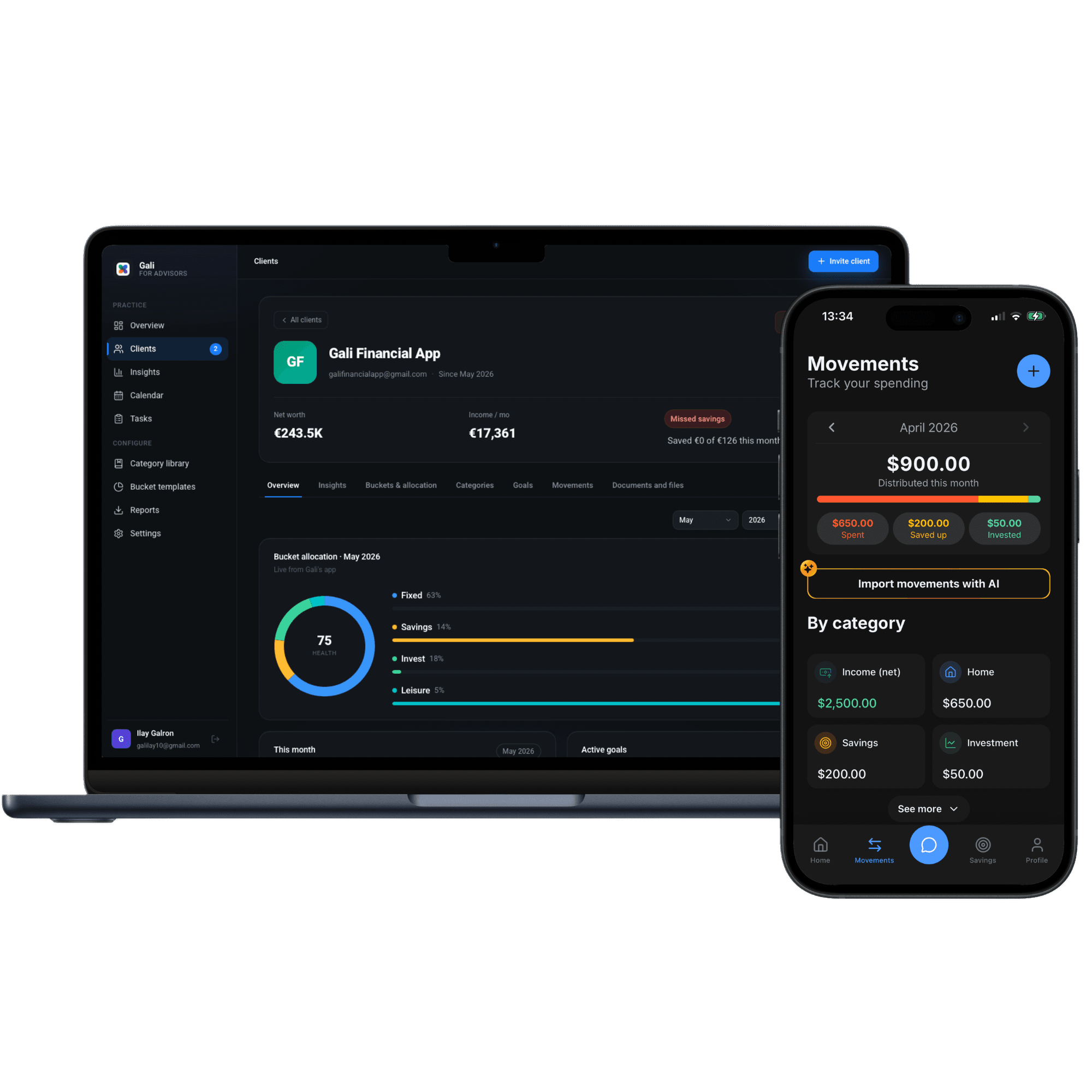 Gali for Advisors shown on a laptop next to the GALI mobile app on a phone